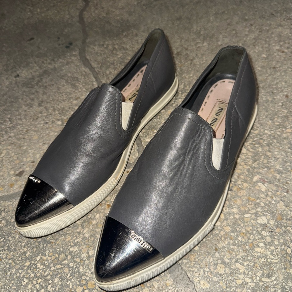 Miu Miu Gray Slip-Ons with Metal Toe